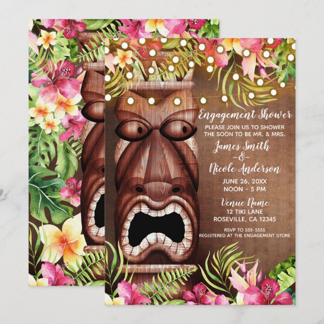 Trä Hawaian Tiki Luau Sommar Förlovning Dusch Inbjudningar (Fram/baksida)