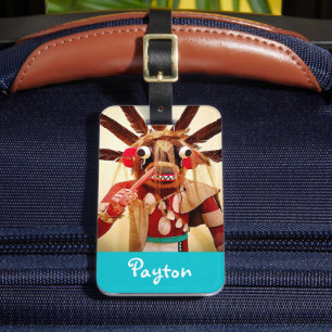 Trä kachina doll, skript för fet, anpassat namn på bagagebricka