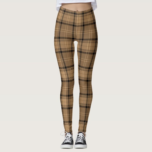 Trä, kalk, brun Färg Tartan, plagt Mönster Leggings (Framsida)