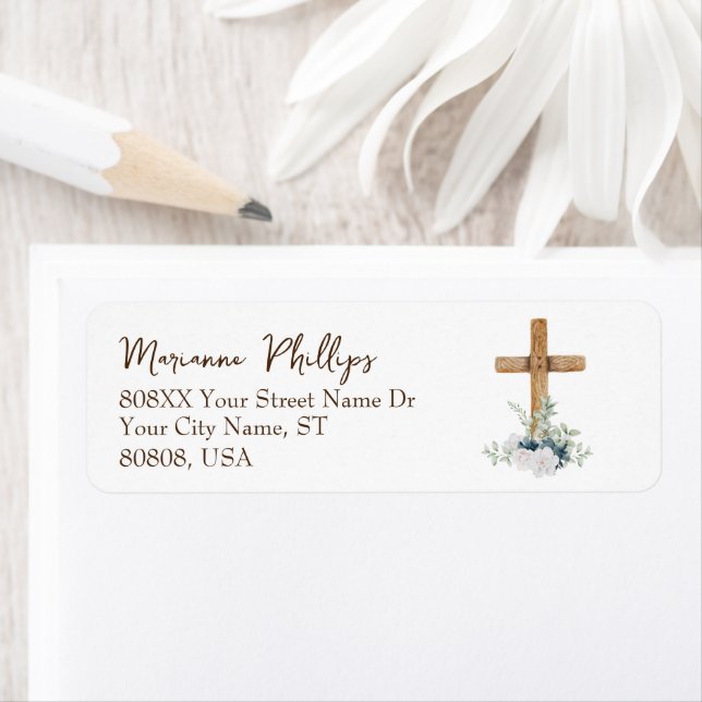 Trä Kor med blå och vita blommor Returadress Etikett (Insitu)