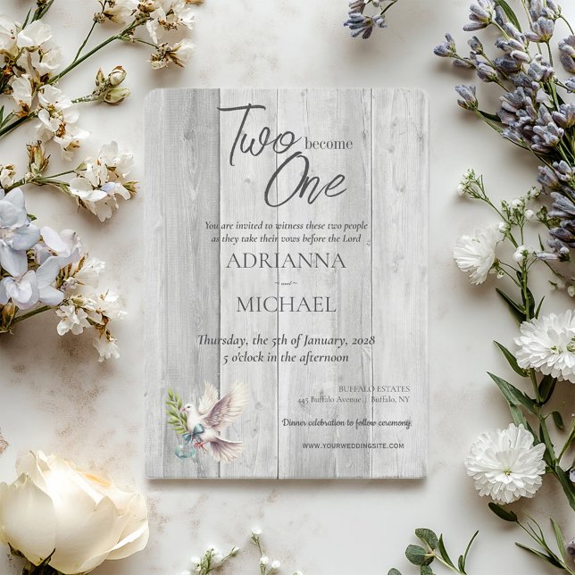 Trä Kristna Två Blir En med Duva Inbjudningar (Skapare uppladdad)
