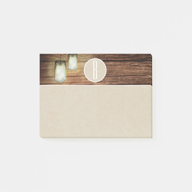 Trä Mason krukljus & Kraft Rustik Monogram Post-it Block (Framsida)