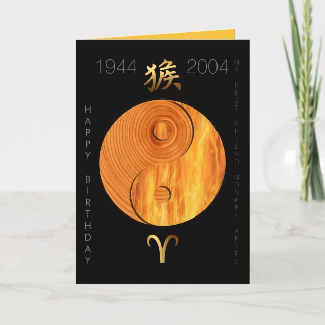 Trä Monkey 1944 2004 Fire Aries zodiac Birthday C Kort (Framsida)