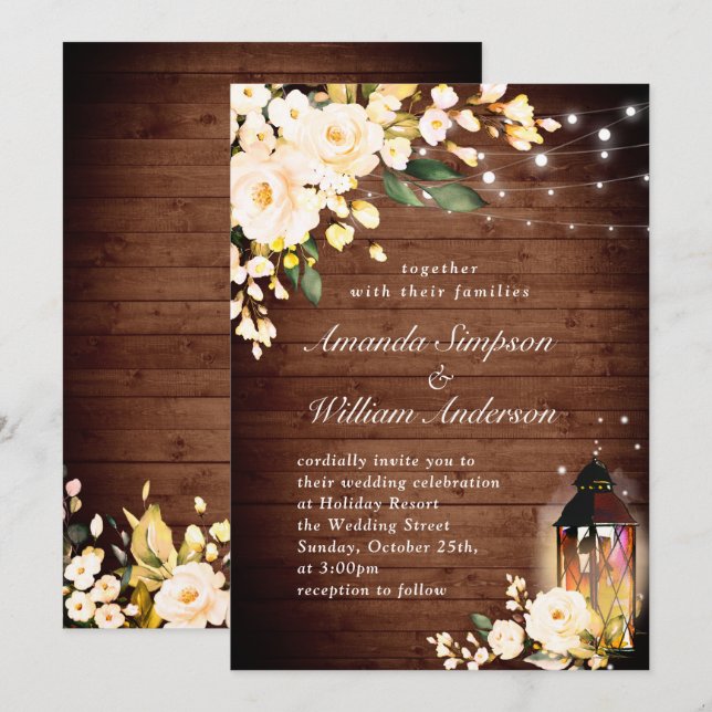 Trä och  Ro och Bröllop med vattenfärg i lanternan Inbjudningar (Fram/baksida)