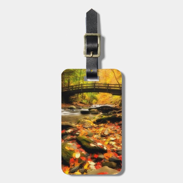 Trä överbrygga och bäck i nedgång bagagebricka (Vertikal Framsida)