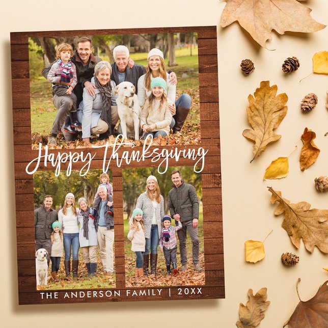 Trä Push Script Family 3 Photo Thanksgiving Vykort (Customize to change your personalized text size or text style.)