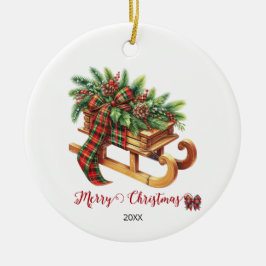 Trä Sled Fir Grenar Grönt & Red Play Julgransprydnad Keramik