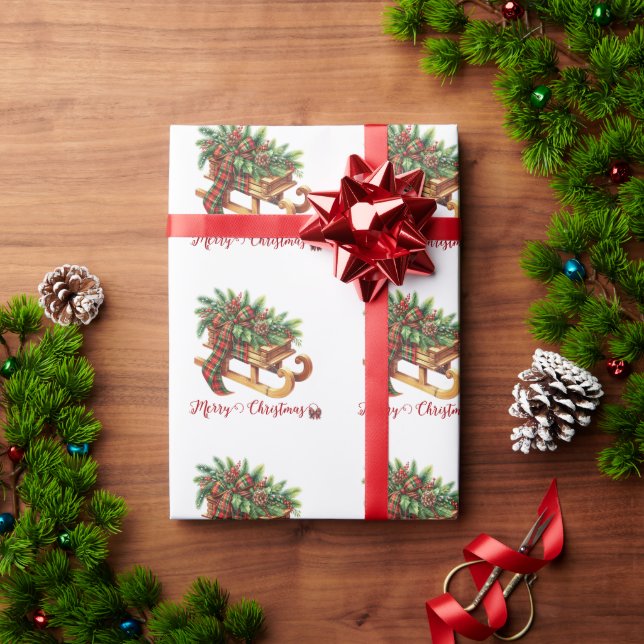 Trä Sled Fir Grenar Grönt & Red Play Presentpapper (Julgåva)
