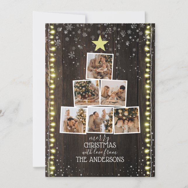 Trä, Snö och String Ljus | 6-Fotojul-jul Julkort (Framsida)