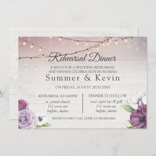Trä String på Ljus Peony Rehearsal Dinner Inbjudningar (Fram/baksida)