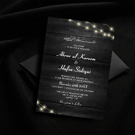 Trä Struktur Black White Muslim Bröllop Monogram Inbjudningar