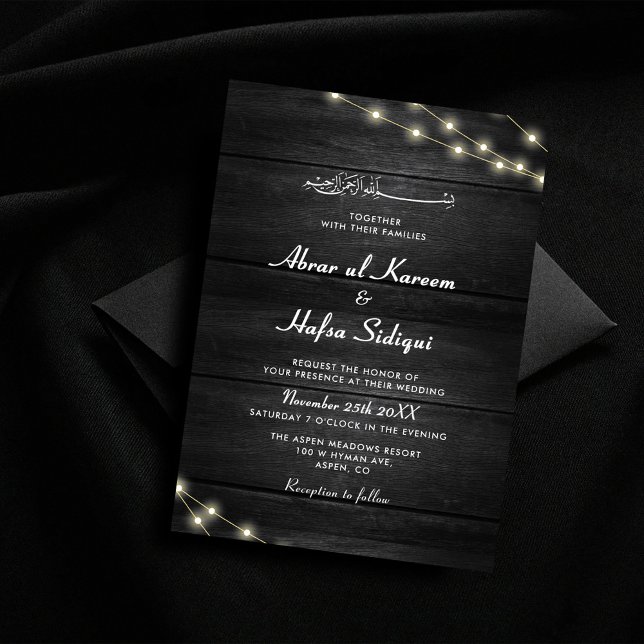 Trä Struktur Black White Muslim Bröllop Monogram Inbjudningar (Skapare uppladdad)