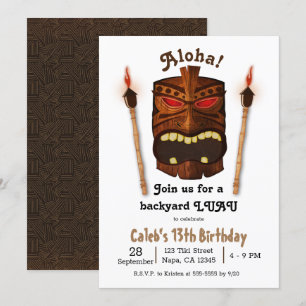 Trä Tiki Aloha Polynesisk Maskerad Luau Födelsedag Inbjudningar