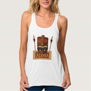 Trä Tiki Mask Trähantverk Retro ALOHA Luau Hawaiia Linne Med Racerback