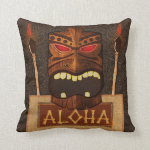 Trä Tiki Mask Vintage Retro Luau Sommar Kudde