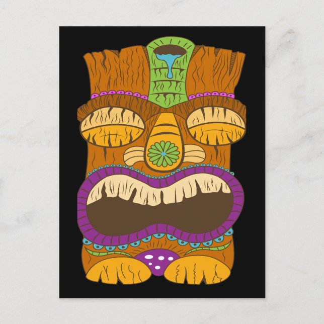 Trä Tiki Statue with Open Mouth, Funny Black Vykort (Framsida)
