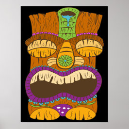 Trä Tiki-staty med öppen mun, rolig svart Poster