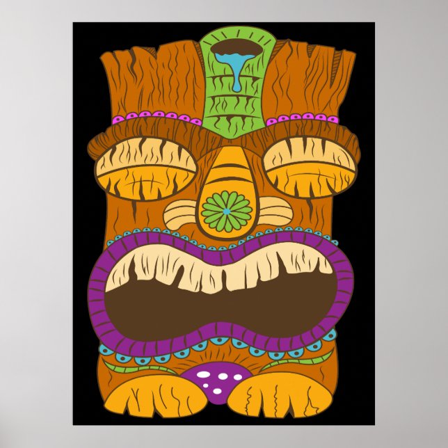 Trä Tiki-staty med öppen mun, rolig svart Poster (Framsidan)