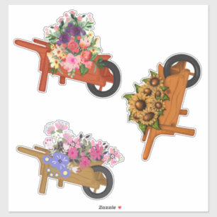 Trä Wheelbarrows with Flowers Klistermärken