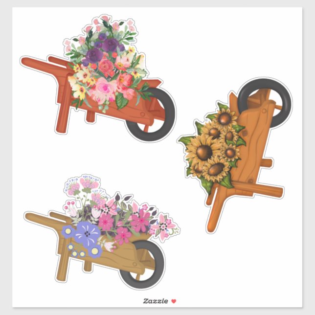 Trä Wheelbarrows with Flowers Klistermärken (Ark)
