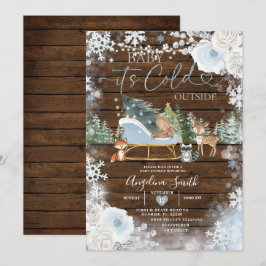 Trä Winter Pastel Blue Snowflake Baby Shower Inbjudningar