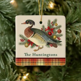 Träand och festlig julgrönska och Plaid Julgransprydnad Keramik