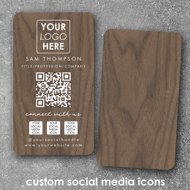 Träanslutning med US Social Media QR-kodsLogotyp Visitkort (Wooden Connect with Us Social Media QR Code Logo Business Card)
