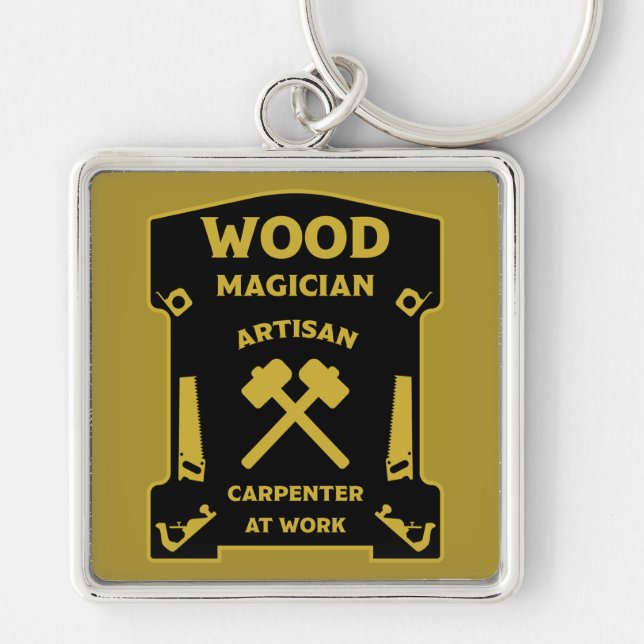 Träarbetskoppling och bärare fyrkantig silverfärgad nyckelring (Framsidan)
