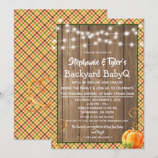 TräbabykläderQ Bakgård BBQ Rustic Fall Baby Shower Inbjudningar (Fram/baksida)