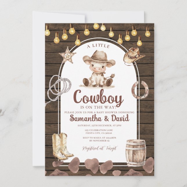 Träbåge Cowboy är på väg Baby Shower  Inbjudningar (Framsida)