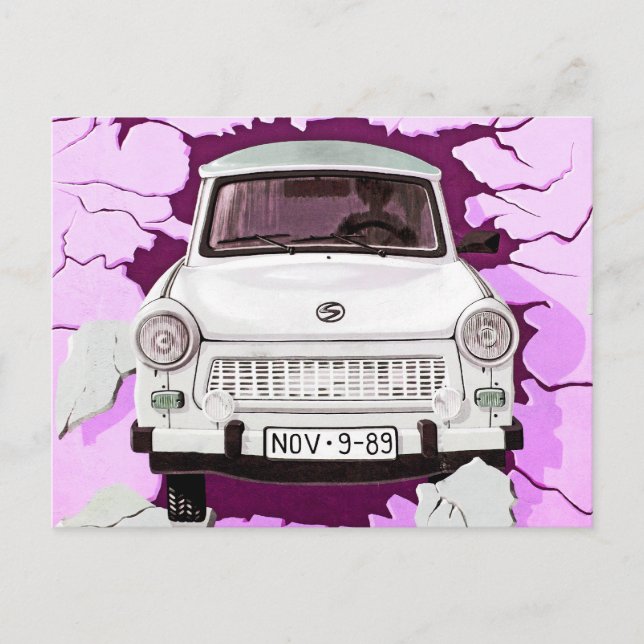 Trabant Car och Rosa/Lilac Berlin Wall Vykort (Framsida)