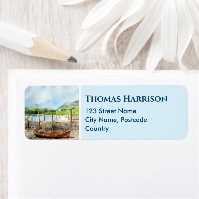 Träbåt i Derwentwater Sjö District Cumbria Returadress Etikett (Insitu)