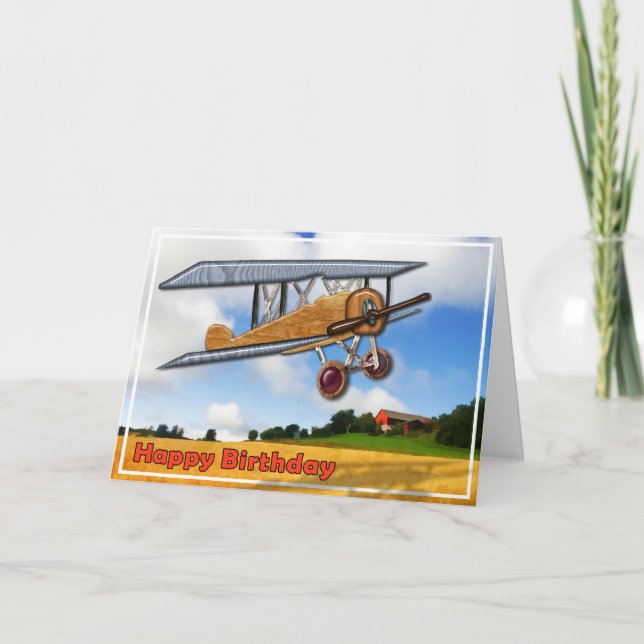 TräBiplane över fältgrattis på födelsedagen Kort (Framsida)
