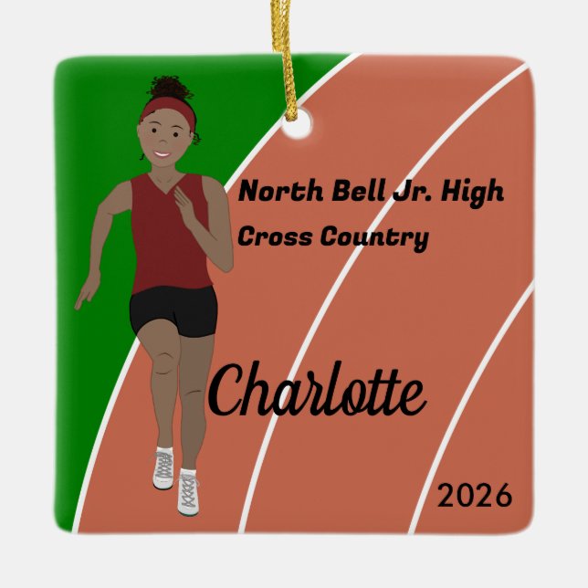 Track and Fält Girl Black Hair i Maroon Julgransprydnad Keramik (Framsida)