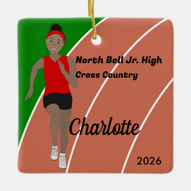 Track and Fält Girl Black Hair in Red Julgransprydnad Keramik (Framsida)