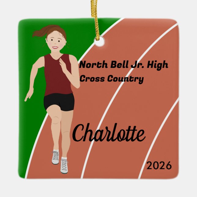 Track and Fält Girl Brown Hair in Maroon Black Julgransprydnad Keramik (Framsida)