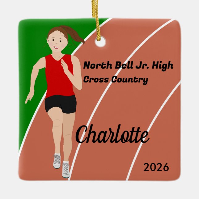 Track and Fält Girl Brown Hair in Red Black Julgransprydnad Keramik (Framsida)