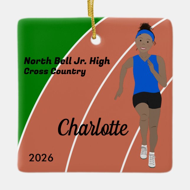 Track and Field Girl Black Hair in Blue Julgransprydnad Keramik (Framsida)