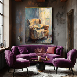 Träcomfortable Fåtölj med Bok vid Fönstret – Impre Poster