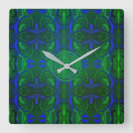 Traços azuis 'flutuando' sobre fundo verde. fyrkantig klocka