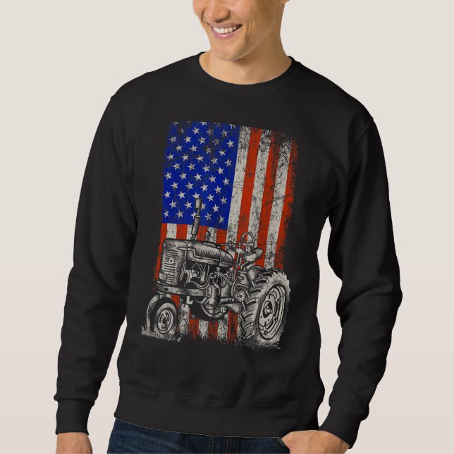 Tractor American USA flagga Patriotic Farmer Fjärd Lång Ärmad Tröja (Framsida)