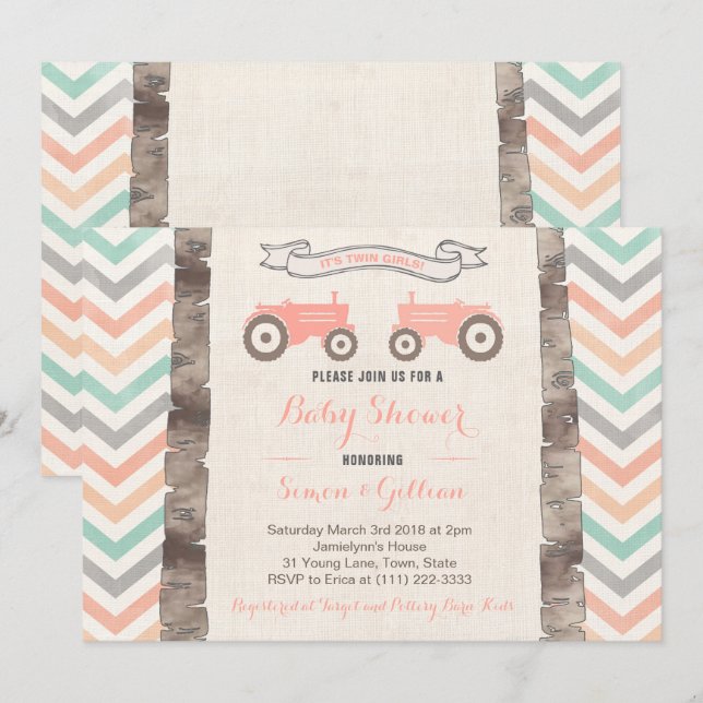Tractor Aqua Coral Grått Girl Baby Shower Inbjudningar (Fram/baksida)