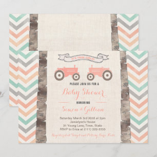 Tractor Aqua Coral Grått Girl Baby Shower Inbjudningar