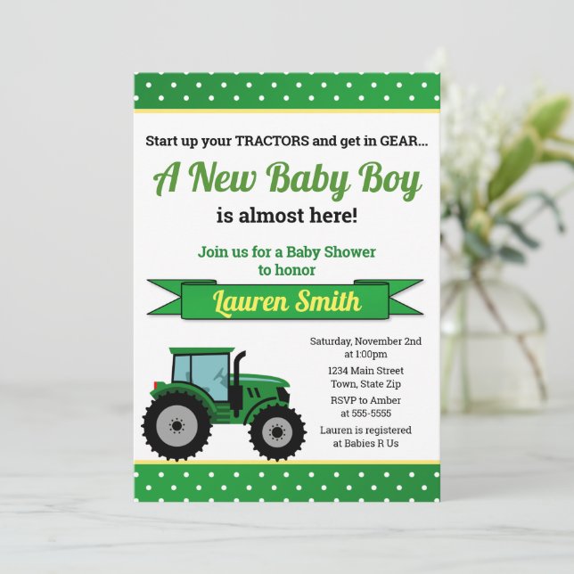Tractor Baby Shower-inbjudan till Tractor Boy Inbjudningar (Stående Fram)