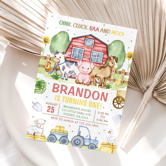 Tractor Boskap Oink Baa Moo 1:a födelsedag Inbjudningar (Skapare uppladdad)