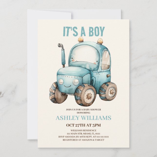 Tractor Boy Blue Baby Shower  Inbjudningar (Framsida)