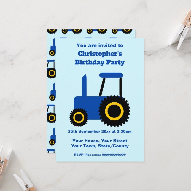 Tractor Design Personalised Birthday Party Inbjudningar (Fram/Back In Situ)