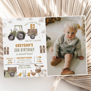 Tractor Farm Boy 3rd Birthday Party Photo Inbjudningar