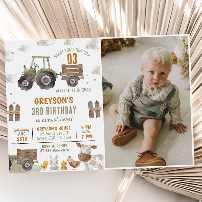 Tractor Farm Boy 3rd Birthday Party Photo Inbjudningar (Skapare uppladdad)