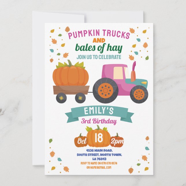Tractor Pumpkin Birthday Harvest Party Girls Inbjudningar (Framsida)